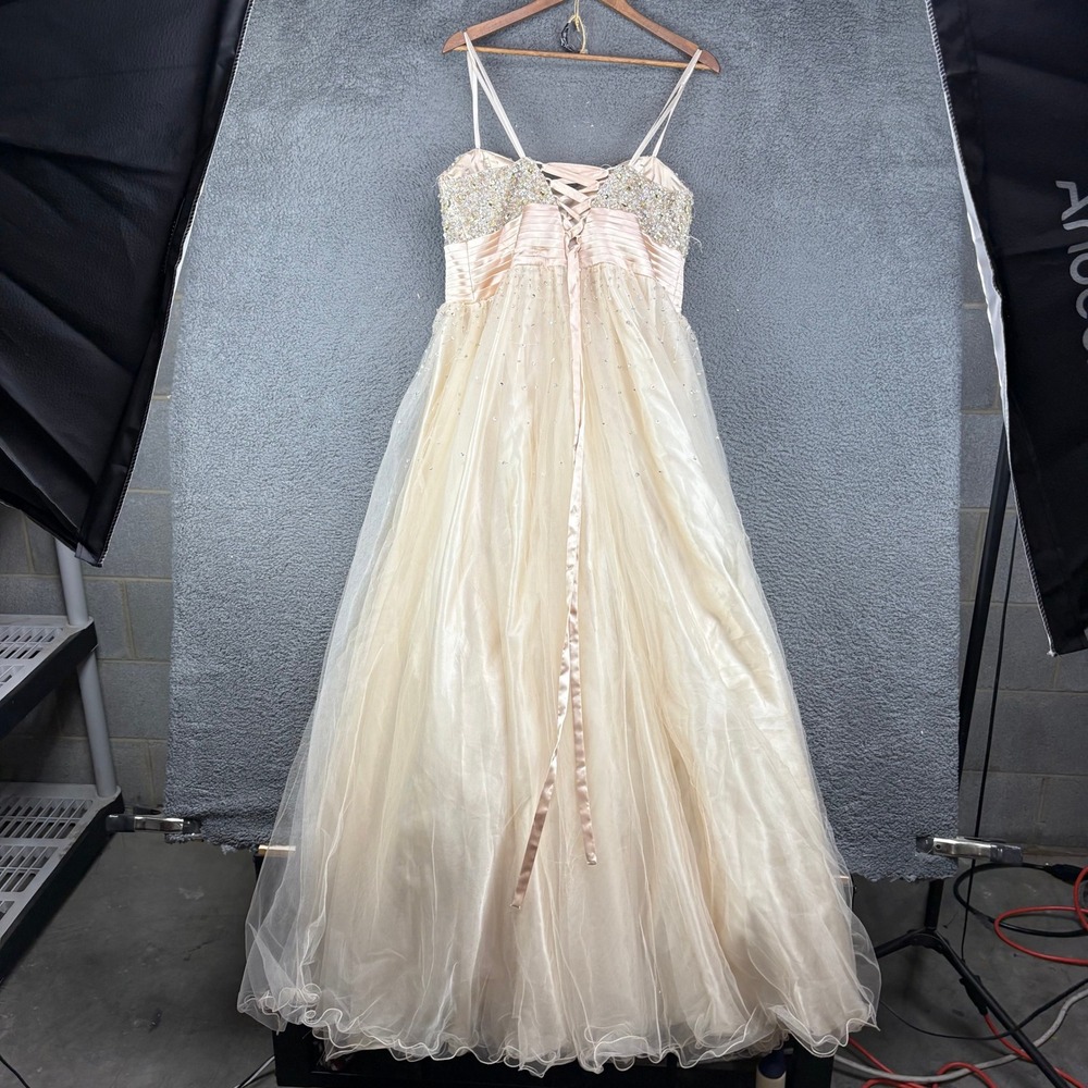 Dave & Johnny Champagne Sequin Beaded Tulle Prom Gown Dress 19/20 Plus Size - Picture 7 of 8